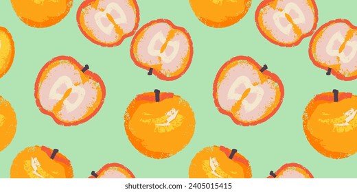 Vector hand drawn sketch textured apple print. Seamless pattern with colorful apples and apples slices background. Summer creative fruits back. Fashionable template for design