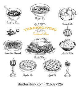 Vector hand drawn sketch Thanksgiving food set. Restaurant menu. Retro illustration. Sketch. 