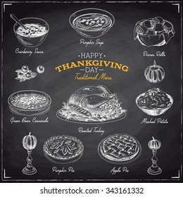 Vector hand drawn sketch Thanksgiving food set. Restaurant menu. Retro illustration. Sketch. Chalkboard