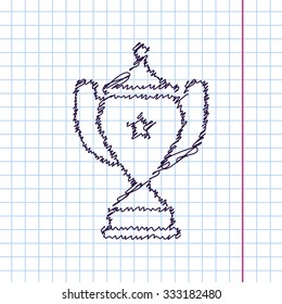 Vector hand drawn sketch trophy goblet icon on copybook. Doodle style . Winner award 