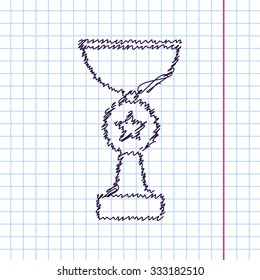 Vector hand drawn sketch trophy goblet icon on copybook. Doodle style . Winner award 