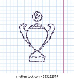 Vector hand drawn sketch trophy goblet icon on copybook. Doodle style . Winner award 