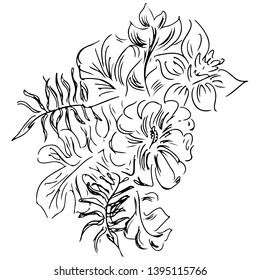Vector hand drawn sketch with tropical leaves and flowers isolated on white background. Exotic botanical design elements for wedding invitation cards, cosmetics, spa, perfume, beauty salon. Line art.