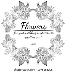 Vector hand drawn sketch with tropical leaves and flowers isolated on white background. Exotic botanical design elements for wedding invitation cards, cosmetics, spa, perfume, beauty salon. Line art.