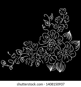 Vector hand drawn sketch with tropical leaves and flowers isolated on black background. Exotic botanical design elements for wedding invitation cards, cosmetics, spa, perfume, beauty salon. Outline