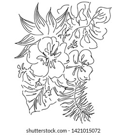 Vector hand drawn sketch with tropical leaves and flowers isolated on white background. Exotic botanical design elements for wedding invitation cards, cosmetics, spa, perfume, beauty salon. Outline.