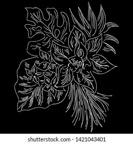 Vector hand drawn sketch with tropical leaves and flowers isolated on black background. Exotic botanical design elements for wedding invitation cards, cosmetics, spa, perfume, beauty salon. Outline.