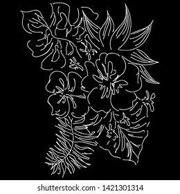 Vector hand drawn sketch with tropical leaves and flowers isolated on black background. Exotic botanical design elements for wedding invitation cards, cosmetics, spa, perfume, beauty salon. Outline.
