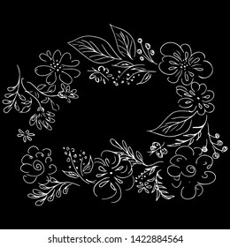 Vector hand drawn sketch with tropical leaves and flowers isolated on white background. Exotic botanical floral frame for wedding invitation cards, cosmetics, spa, perfume, beauty salon. Line art.