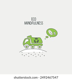 Vector hand drawn sketch of truck transports raw materials for recycle. Illustration of Environmentally friendly planet. Think Green. Alternative energy concept.