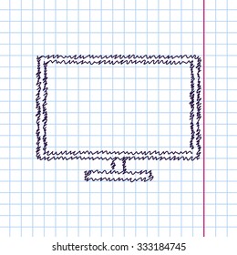 Vector hand drawn sketch TV or monitor icon on copybook. Doodle style 
