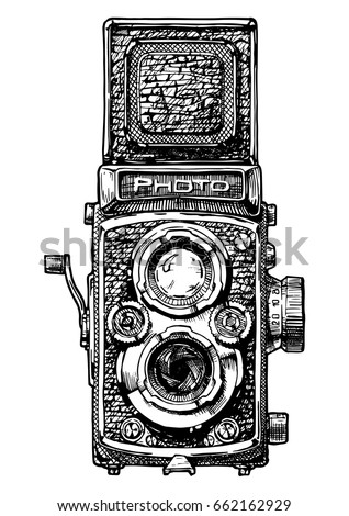 Vector hand drawn sketch of twin-lens reflex camera in vintage engraved style on white background