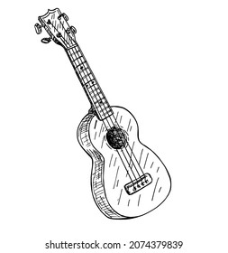 Esbozo dibujado a mano por vectores de ukulele. Estilo retro de grabado aislado en blanco. Un pequeño ukulele para un icono. Ukulele para la música clásica. Guitarra pequeña