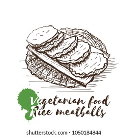 Vector hand drawn sketch of vegetarian food with food name. Eco food. Monochrome Rice meatballs isolated on white sketch.