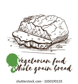 Vector hand drawn sketch of vegetarian food with food name. Eco food. Monochrome Whole grain bread isolated on white sketch.