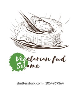 Vector hand drawn sketch of vegetarian food with food name. Eco food. Monochrome Sesame isolated on white sketch.