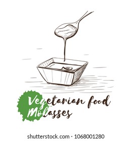 Vector hand drawn sketch of vegetarian food with food name. Eco food. Monochrome Molasses isolated on white sketch.