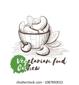Vector hand drawn sketch of vegetarian food with food name. Eco food. Monochrome Cashew isolated on white sketch.