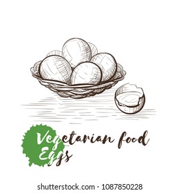 Vector hand drawn sketch of vegetarian food with food name. Eco food. Monochrome Eggs isolated on white sketch.