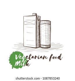 Vector hand drawn sketch of vegetarian food with food name. Eco food. Monochrome Milk isolated on white sketch.