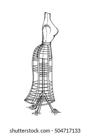 Vector hand drawn sketch of Victorian vintage mannequin for dressing studio, retro object isolated on white