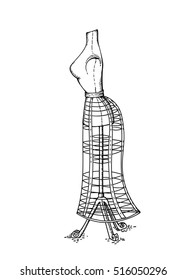 Vector hand drawn sketch of Victorian vintage mannequin for dressing studio, retro object isolated on white