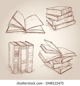 Vector hand drawn sketch of vintage books, retro books collection