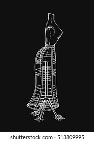 Vector hand drawn sketch of vintage mannequin, retro object isolated on black, white chalk drawing on blackboard.