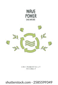  Vector hand drawn sketch of the wave power sign. Alternative green energy. Environmentally friendly planet concept. Think Green. Protect the World from pollution concept.