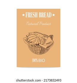 Vector hand drawn sketch wicker basket with loaf of bread poster. Bread illustration.  Icons and elements for print, labels, packaging.