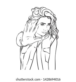 Vector hand drawn sketch of woman with hand, hand with five fingers, vector illustration of beautiful woman
