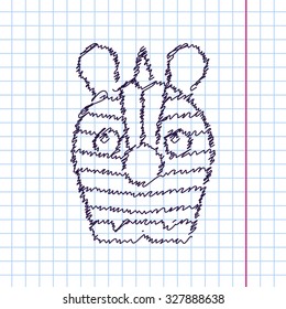Vector hand drawn sketch zebra icon on copybook. Doodle style 
