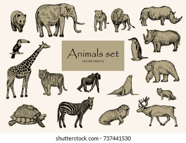 Vector hand drawn sketched animal set.