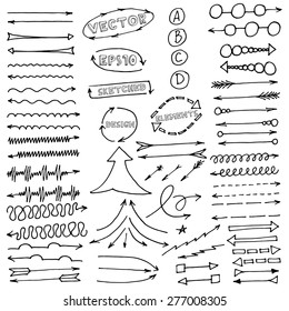 Vector hand drawn sketched arrows set isolated on white. Vector illustration EPS10.