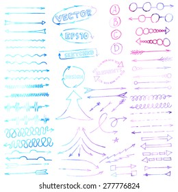 Vector hand drawn sketched arrows set isolated on white with watercolor fill. Vector illustration EPS10.