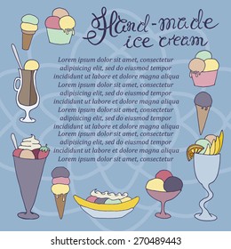 vector hand drawn sketched  illustration of hand-made ice cream with signature