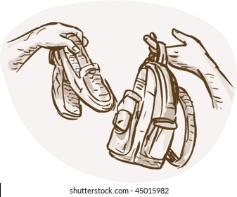 vector hand drawn sketched illustration of Hands Barter trading or swapping shoes and backpack or bag.