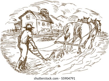 vector hand drawn sketched vector illustration of a Farmer and horse plowing the field with barn farmhouse