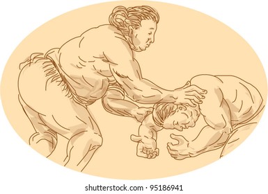 vector Hand drawn and sketched illustration of two sumo wrestlers wrestling viewed from the side set inside ellipse.
