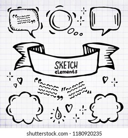 Vector hand drawn sketched ribbons and bubbles of different sizes and forms. Handwritten vector illustration on notebook sheet