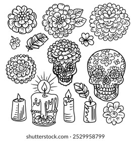 Vector hand drawn sketches set of Day of the Dead elements. Flowers, candles and sugar skull. 