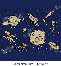 Vector hand drawn sketches of Space objects and symbols. Cartoon set.