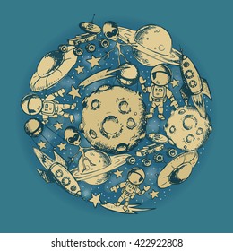 Vector hand drawn sketches of Space objects and symbols arranged in a circle. Cartoon set.