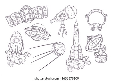 Vector hand drawn sketches of spaceships and planets. Space elements collection. Each object can be changed and moved for your design.