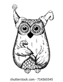 vector hand drawn sketching contour of christmas owl