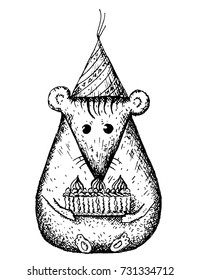 vector hand drawn sketching contour of cartoon mouse with cake