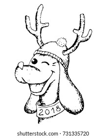 vector hand drawn sketching contour of christmas dog 