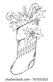 Vector hand drawn sketching contour of Christmas sock decorated of holly