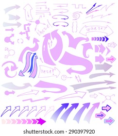 Vector hand drawn sketchy arrows icons set.  Pink, purple and blue pointers isolated on white background