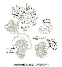 Vector hand drawn sketchy funny set of some most essential items for a teatime. Art therapy, food and drink thematic image, coloring books and other printed goods, design element.